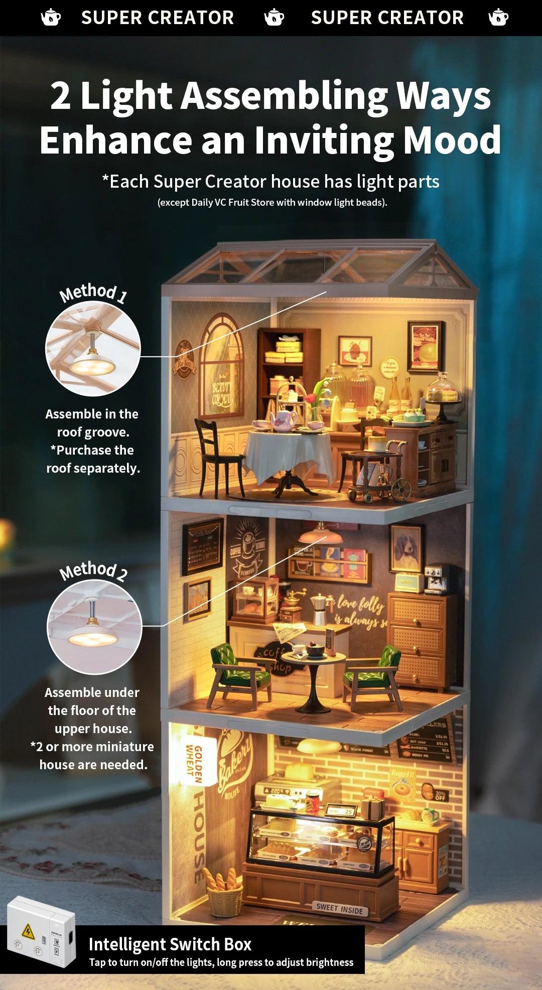 Robotime Rolife Super Creator Series Plastic Dollhouse Building Blocks for Kids Yum Burgers Leisurely Cheers Bar Sweet Sips Tea - Zephyr