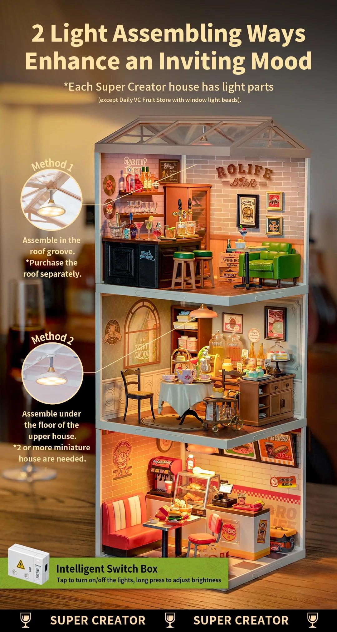 Robotime Rolife Super Creator Series Plastic Dollhouse Building Blocks for Kids Yum Burgers Leisurely Cheers Bar Sweet Sips Tea - Zephyr