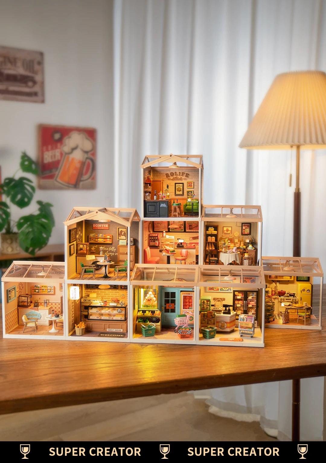 Robotime Rolife Super Creator Series Plastic Dollhouse Building Blocks for Kids Yum Burgers Leisurely Cheers Bar Sweet Sips Tea - Zephyr