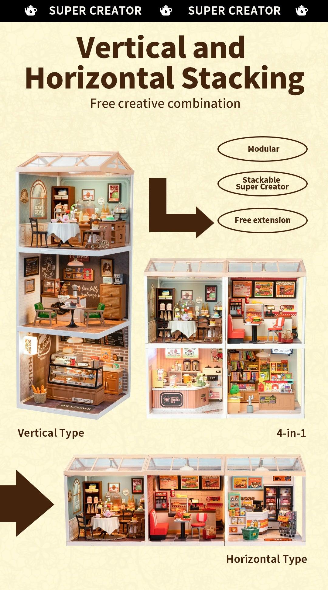 Robotime Rolife Super Creator Series Plastic Dollhouse Building Blocks for Kids Yum Burgers Leisurely Cheers Bar Sweet Sips Tea - Zephyr