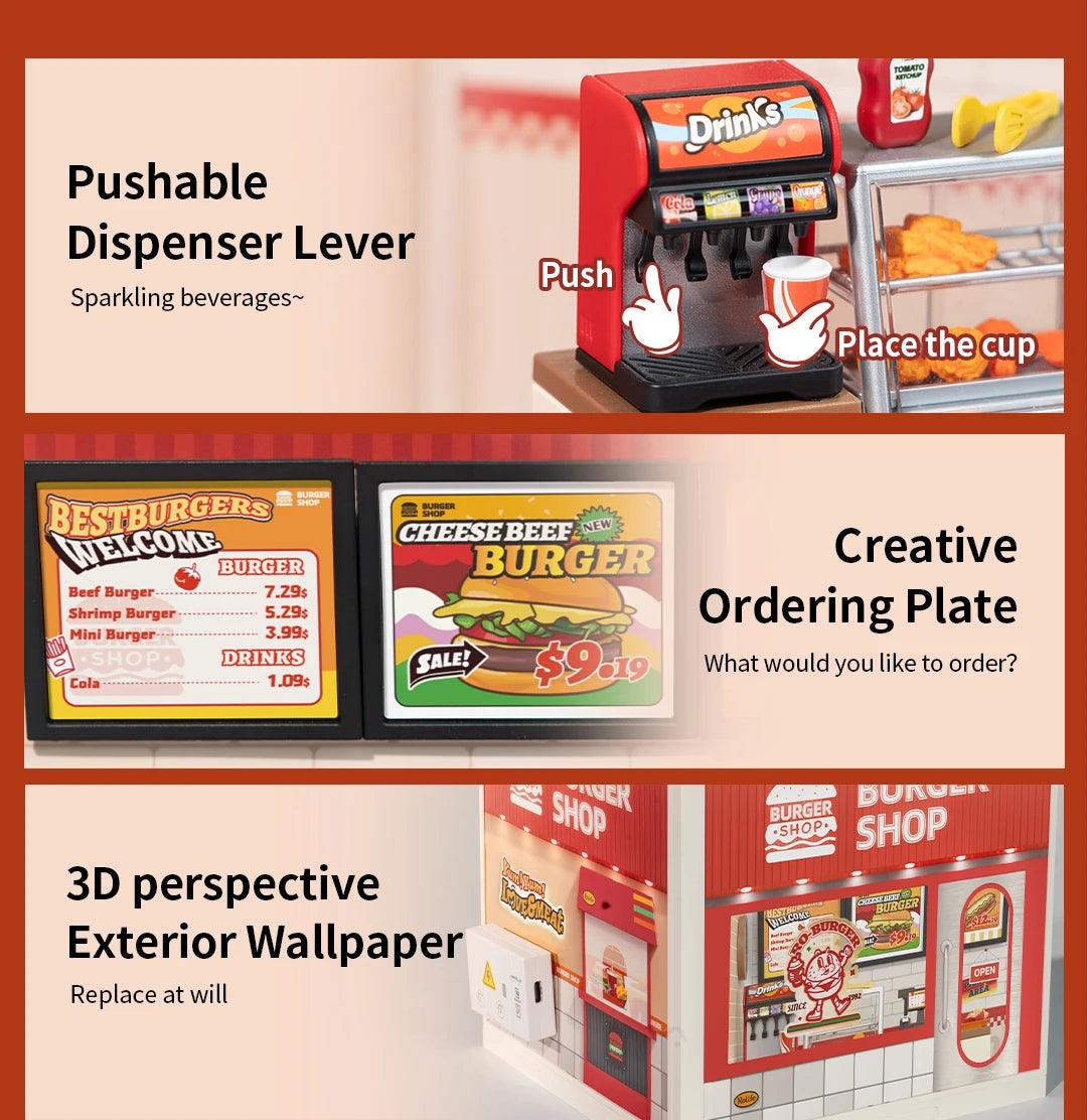 Robotime Rolife Super Creator Series Plastic Dollhouse Building Blocks for Kids Yum Burgers Leisurely Cheers Bar Sweet Sips Tea - Zephyr