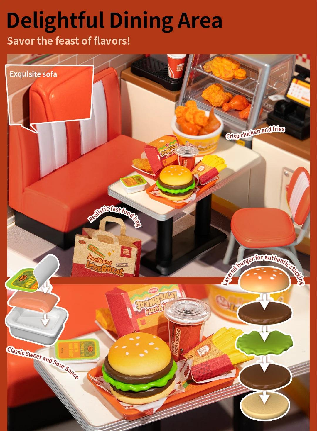 Robotime Rolife Super Creator Series Plastic Dollhouse Building Blocks for Kids Yum Burgers Leisurely Cheers Bar Sweet Sips Tea - Zephyr