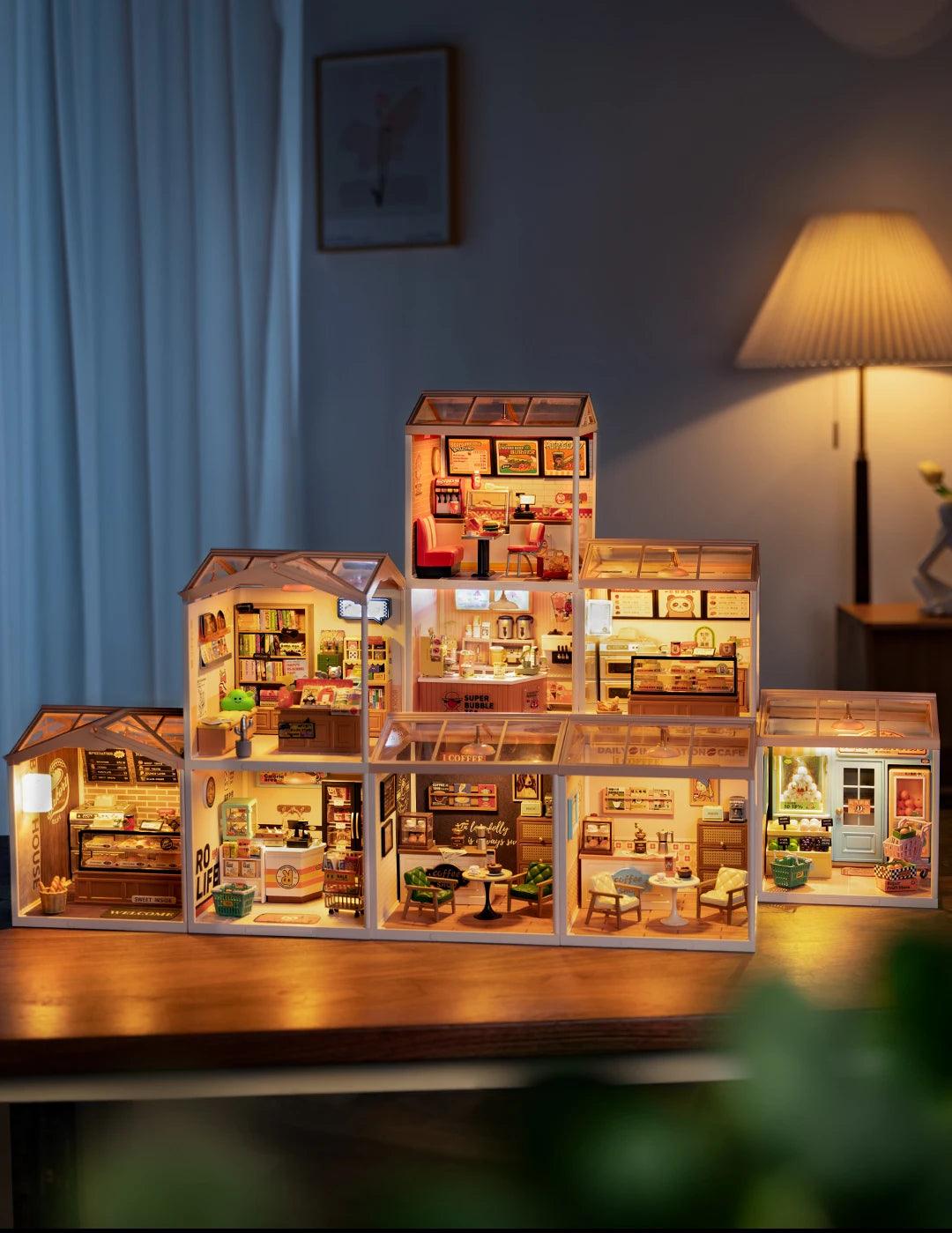 Robotime Rolife Super Creator Series Plastic Dollhouse Building Blocks for Kids Yum Burgers Leisurely Cheers Bar Sweet Sips Tea - Zephyr