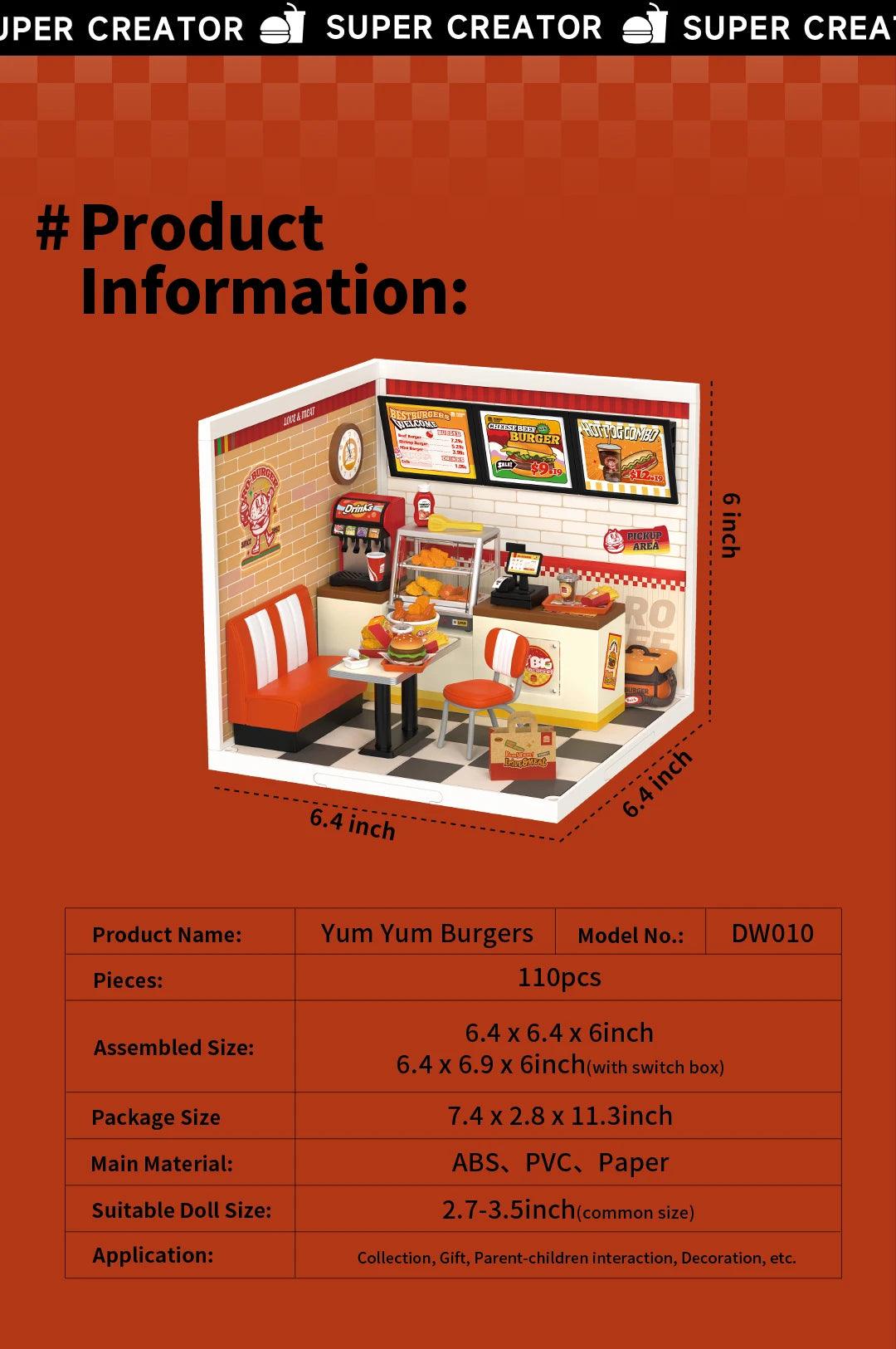 Robotime Rolife Super Creator Series Plastic Dollhouse Building Blocks for Kids Yum Burgers Leisurely Cheers Bar Sweet Sips Tea - Zephyr