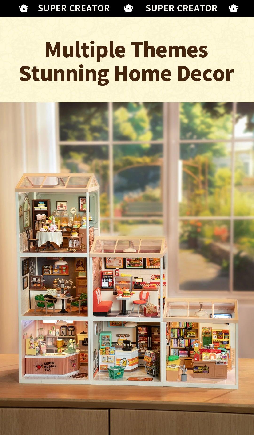 Robotime Rolife Super Creator Series Plastic Dollhouse Building Blocks for Kids Yum Burgers Leisurely Cheers Bar Sweet Sips Tea - Zephyr