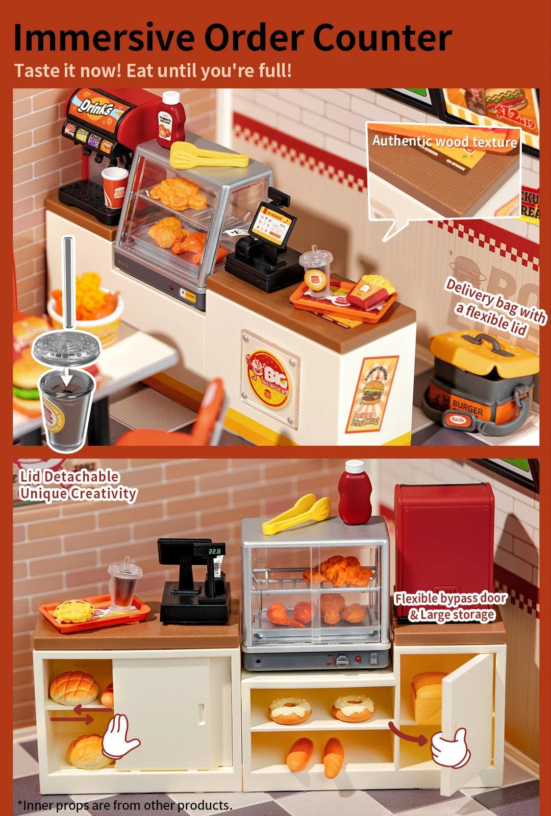 Robotime Rolife Super Creator Series Plastic Dollhouse Building Blocks for Kids Yum Burgers Leisurely Cheers Bar Sweet Sips Tea - Zephyr