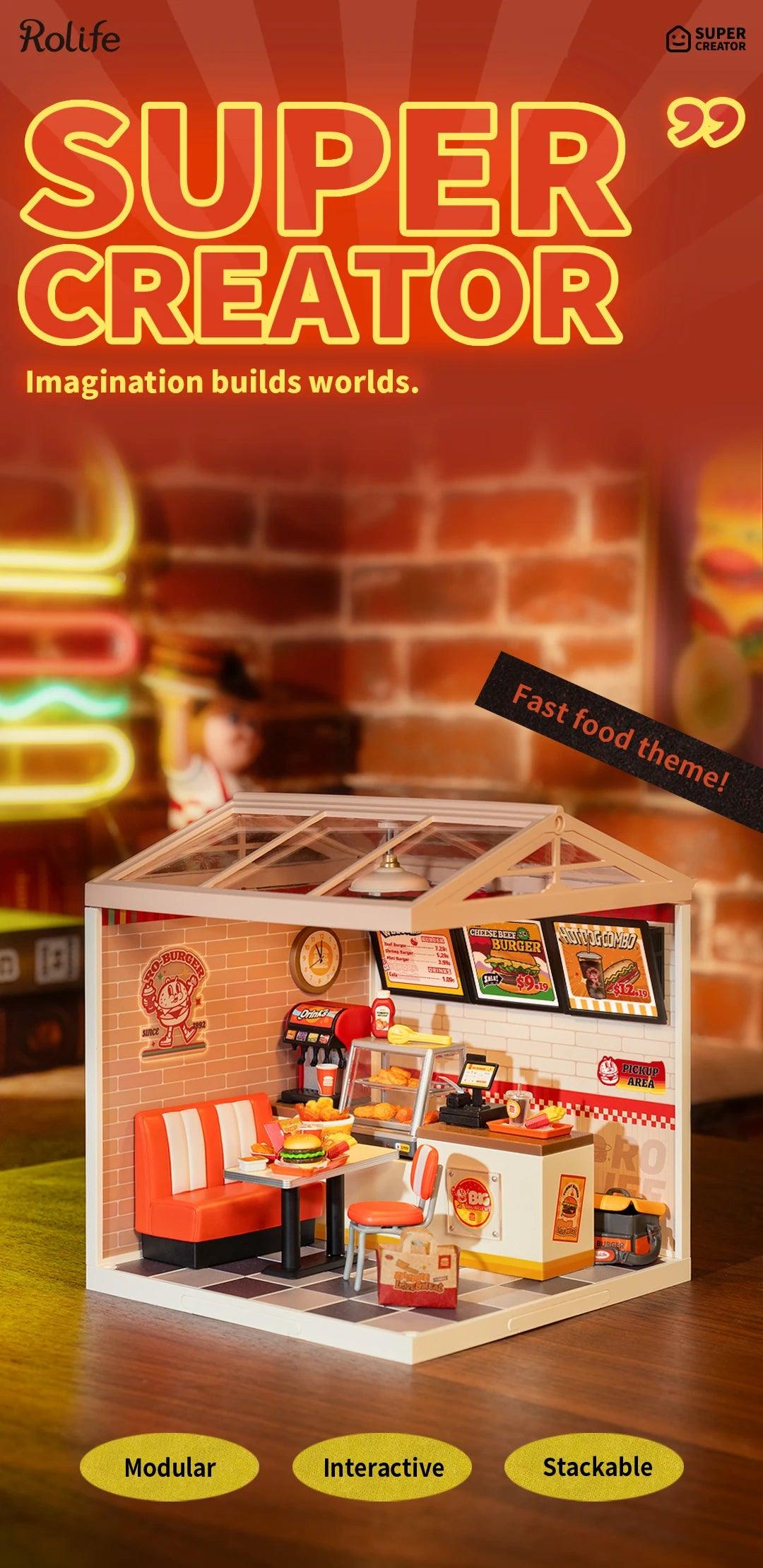 Robotime Rolife Super Creator Series Plastic Dollhouse Building Blocks for Kids Yum Burgers Leisurely Cheers Bar Sweet Sips Tea - Zephyr