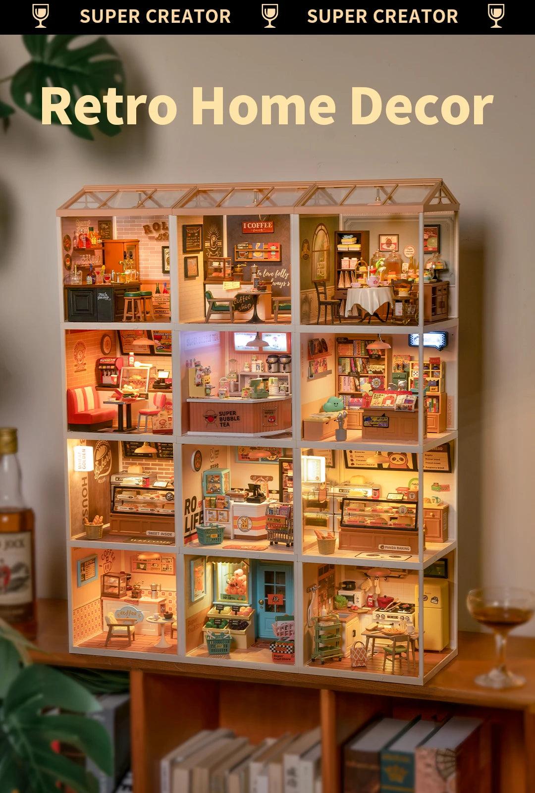 Robotime Rolife Super Creator Series Plastic Dollhouse Building Blocks for Kids Yum Burgers Leisurely Cheers Bar Sweet Sips Tea - Zephyr