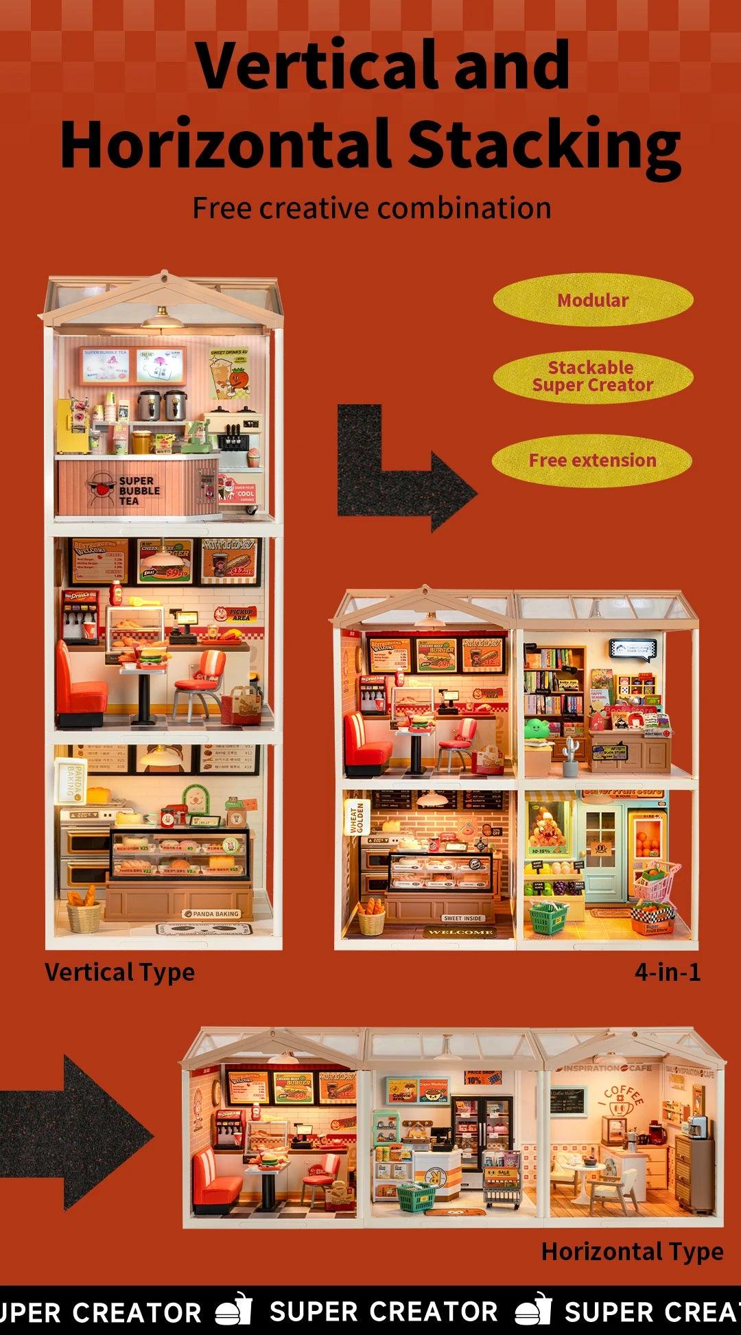 Robotime Rolife Super Creator Series Plastic Dollhouse Building Blocks for Kids Yum Burgers Leisurely Cheers Bar Sweet Sips Tea - Zephyr