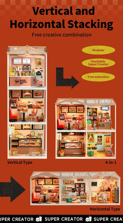 Robotime Rolife Super Creator Series Plastic Dollhouse Building Blocks for Kids Yum Burgers Leisurely Cheers Bar Sweet Sips Tea - Zephyr